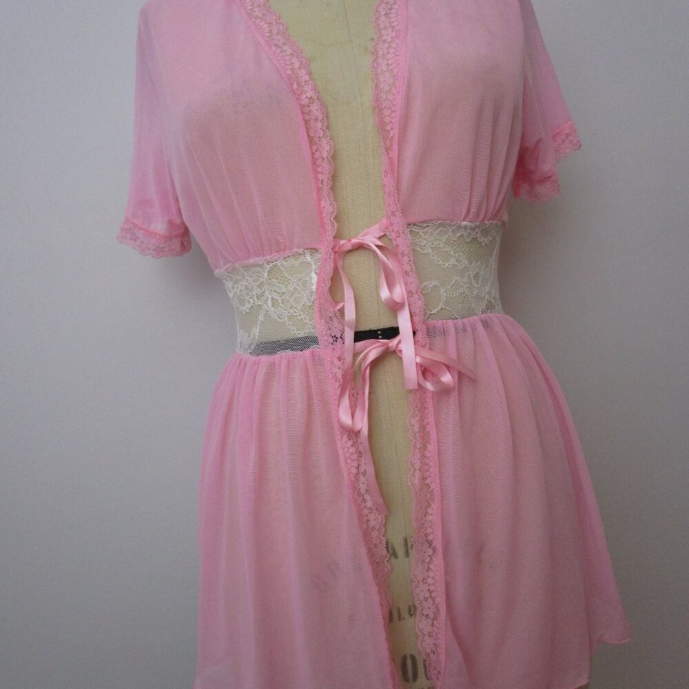 Girlie Mesh Sheer Top Robe Bedjacket Vintage Y2K Bubblegum Pink Boudoir Lace